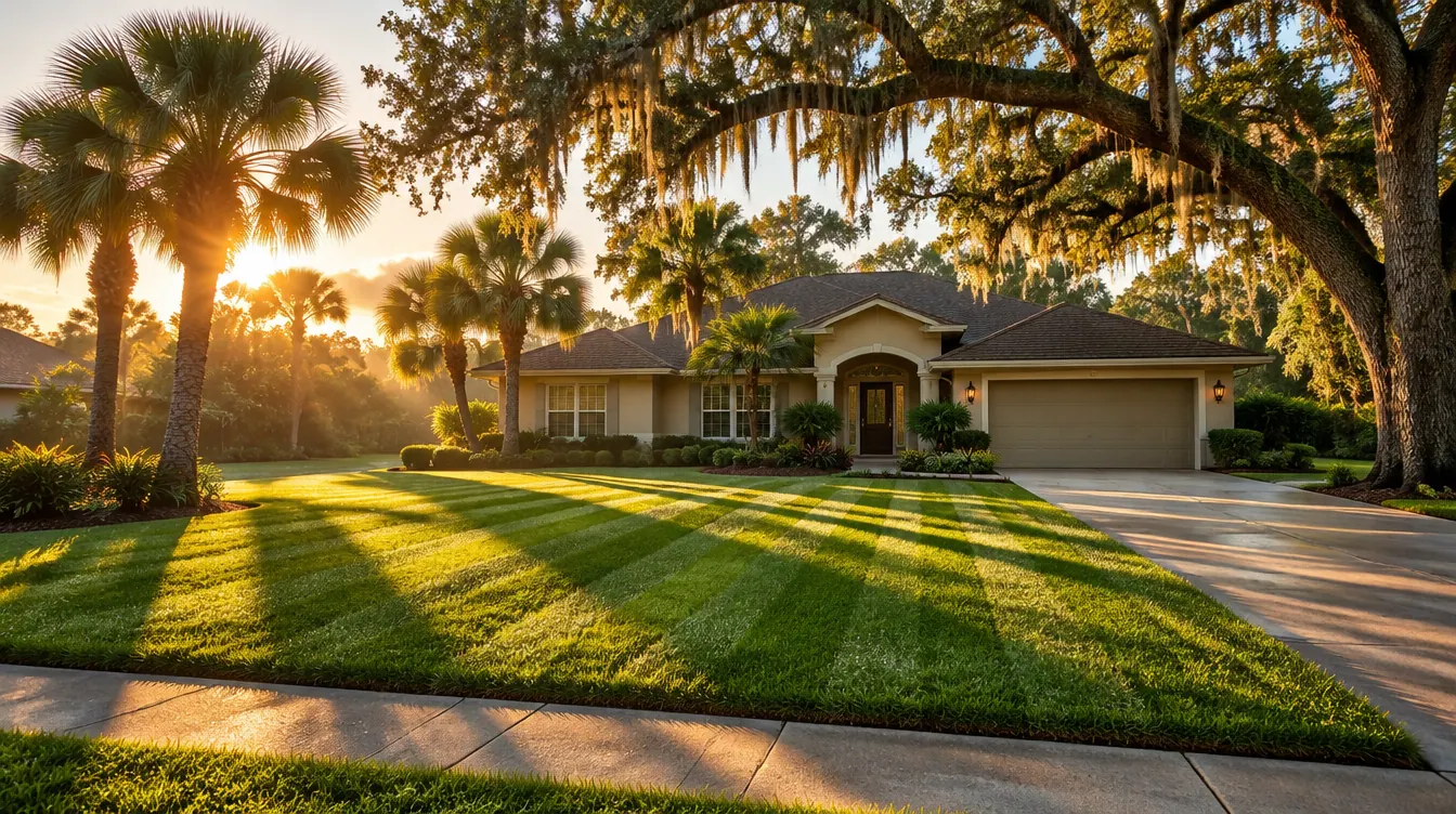 Freshly striped St. Augustine front lawn of a ranch home in Mulberry, FL
